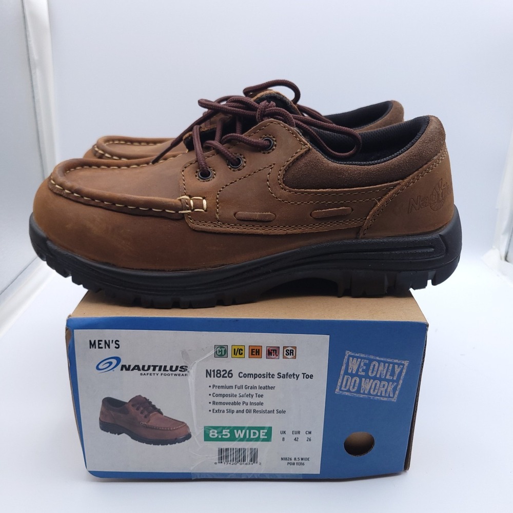 Nautilus Composite Toe Work Shoes Mens 8.5 Wide Brown Leather Slip Resistant
